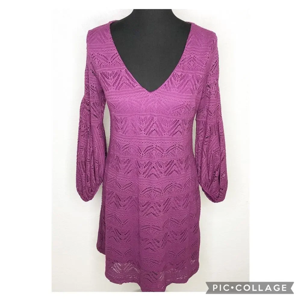Anthropologie Maeve purple crochet knit overlay balloon sleeve dress Extra Small